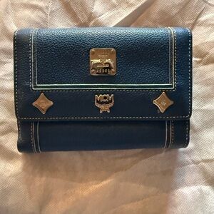 MCM Navy Leather Wallet with Gold Accents